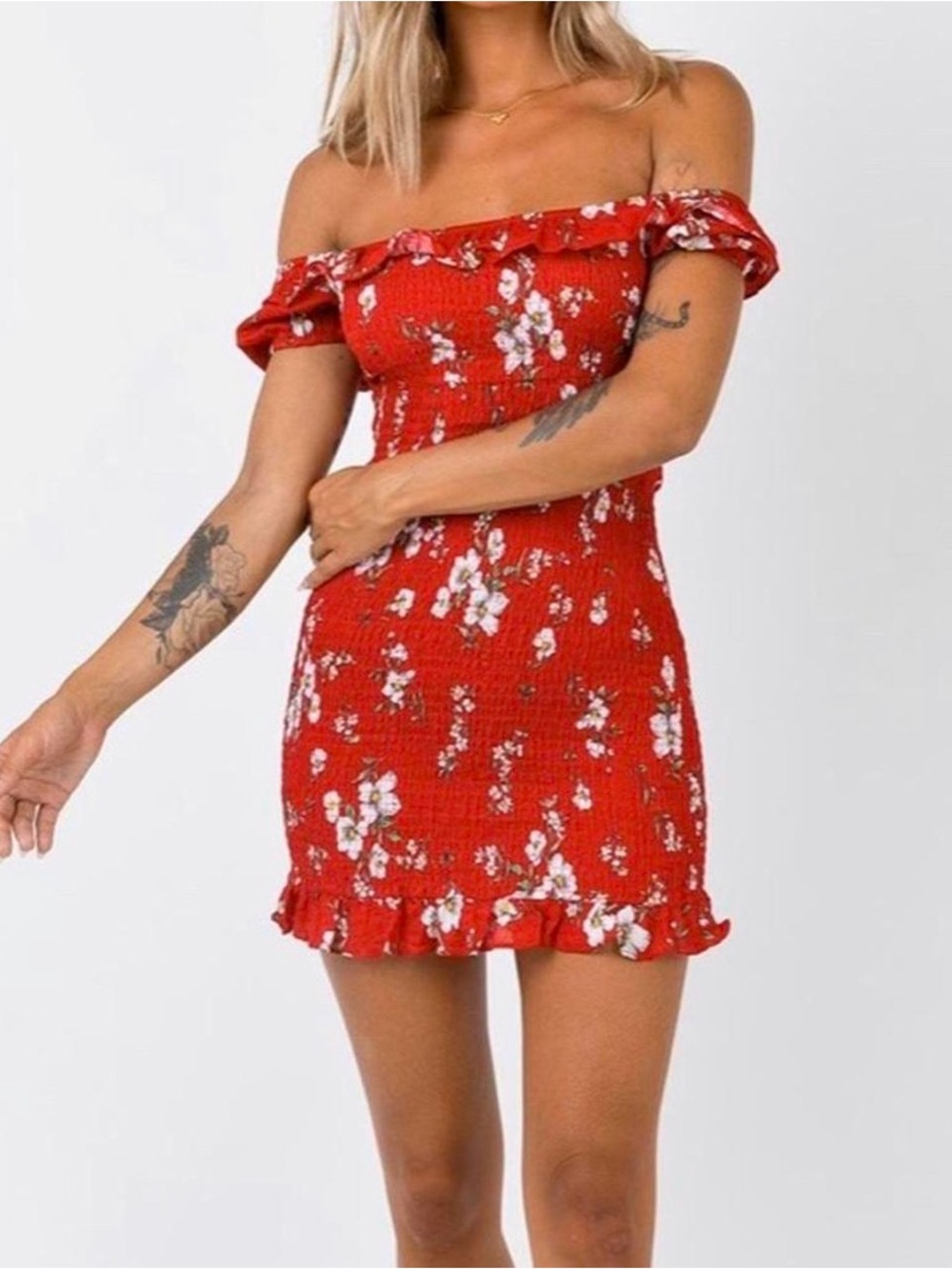NWT Princess Polly Red Floral Off-Shoulder Mini Dress Empire Waist size 4